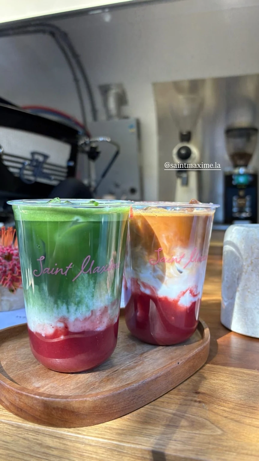 Iced strawberry matcha latte and iced strawberry coffee latte at Saint Maxime Coffee