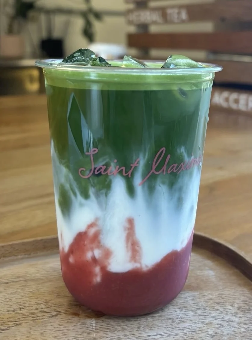 Strawberry Matcha summer drink at Saint Maxime Coffee in Venice Beach